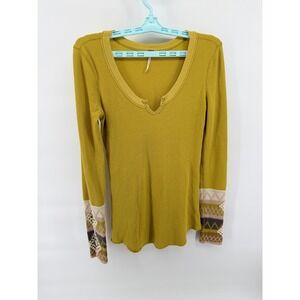 Free People Kombucha Cuff Embroidered Boho Waffle Thermal Top Size Medium